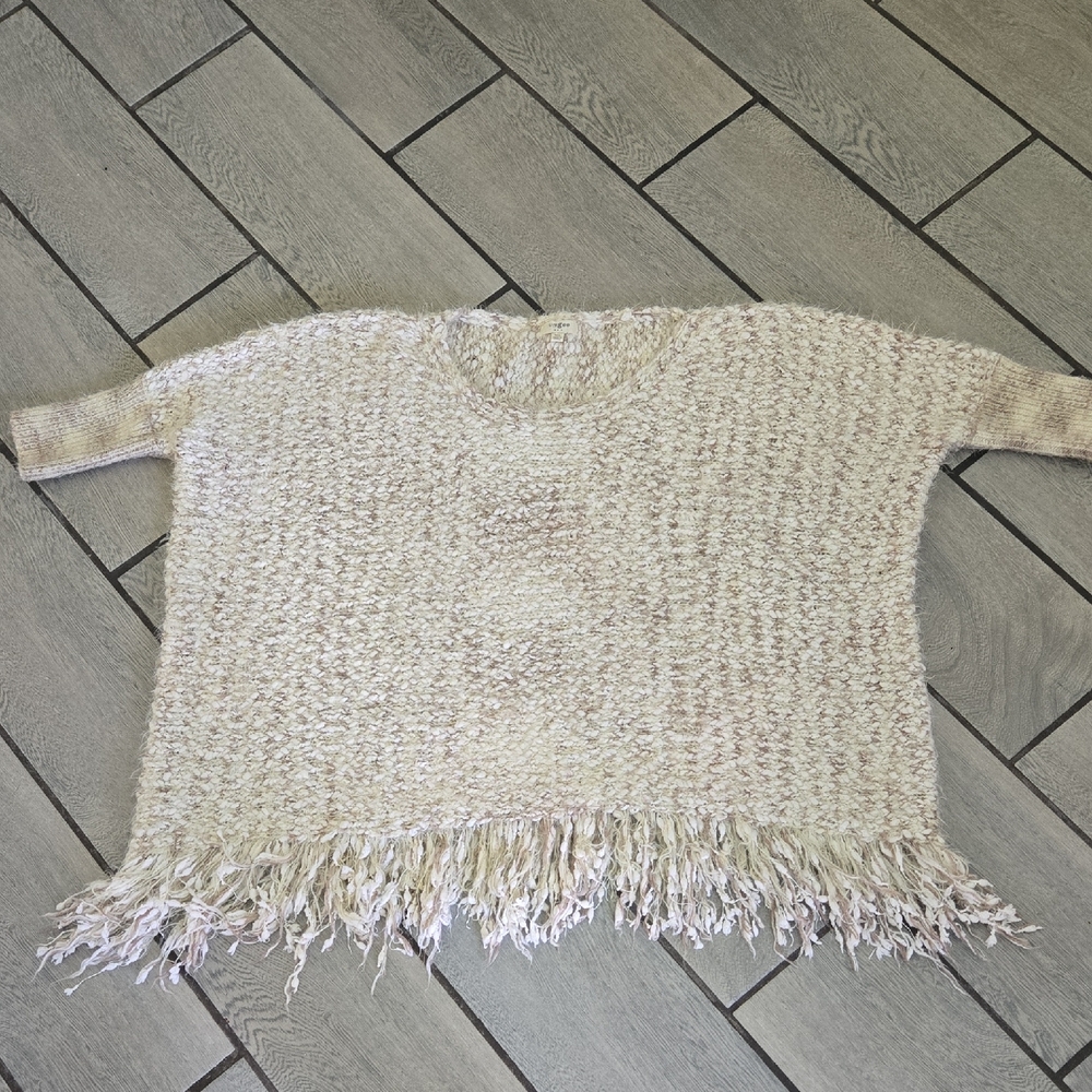 Umgee USA M/L Textured Fringe Hem Sweater | Neutral Beige Boho Pullover u1